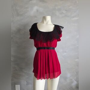 Silk Pleated Crochet Victorian Red & Black Bouse Size L Tie Waist